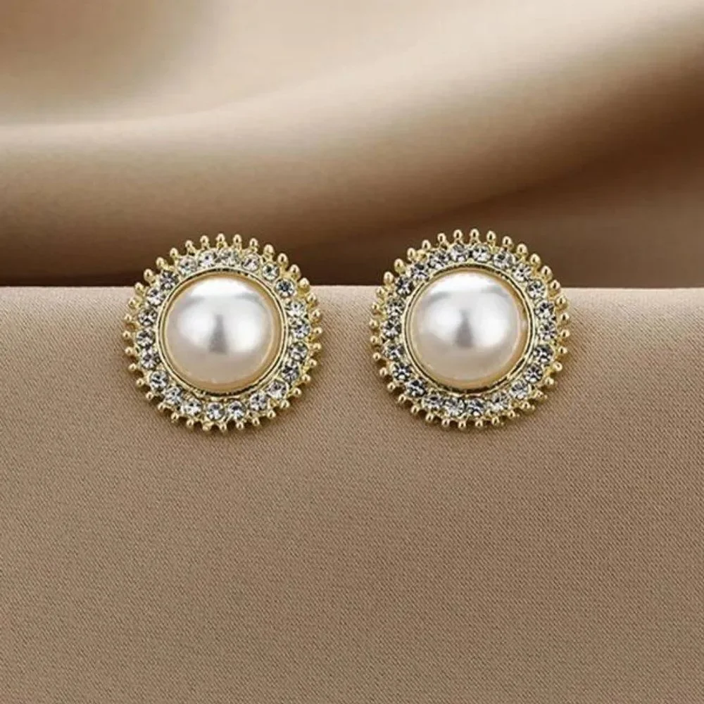 5/$25 Rhinestone Crystal Decorated Faux Pearl Large Stud Post Earrings - Picture 1 of 9